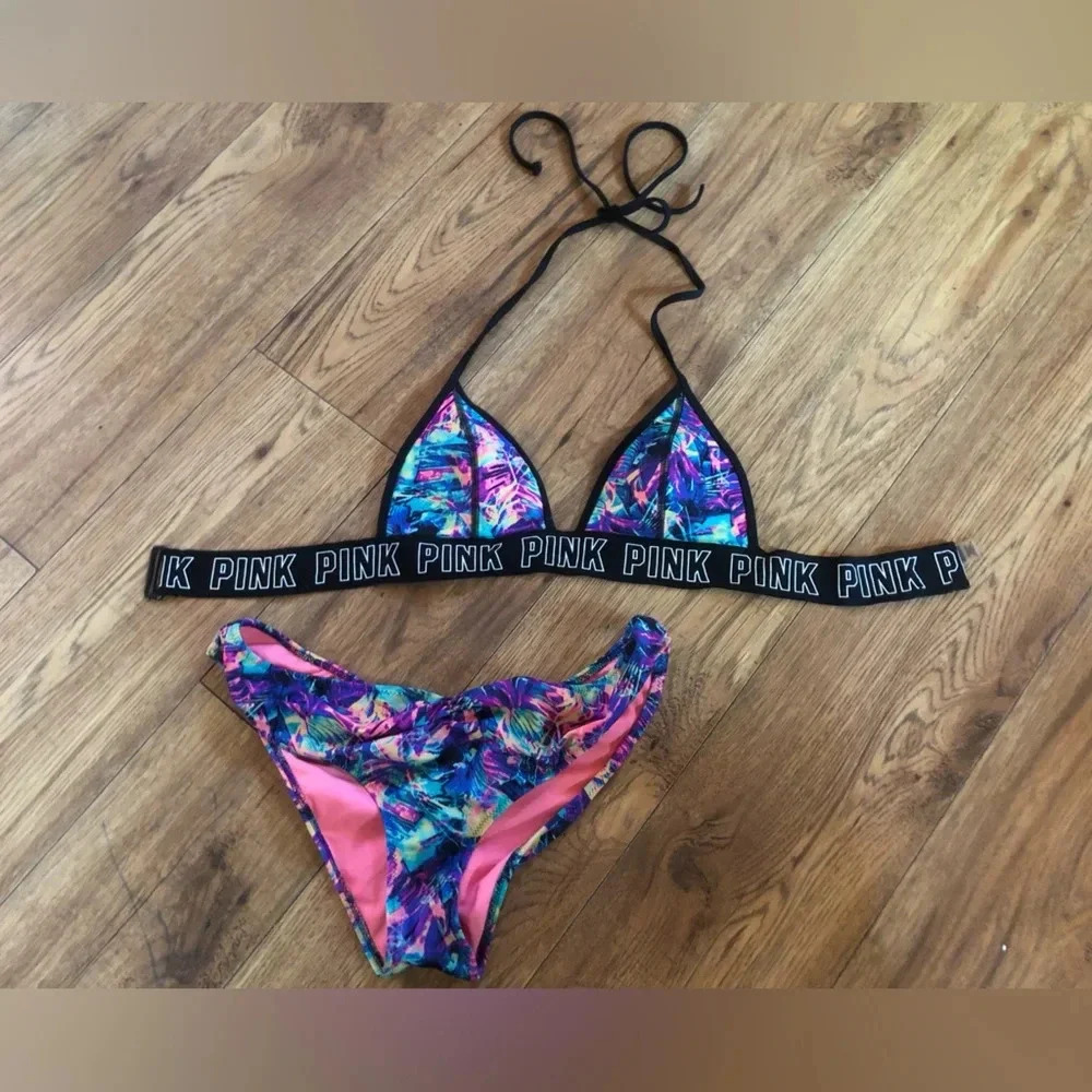 PINK Victoria's Secret Floral Bikini Set with Black Trim